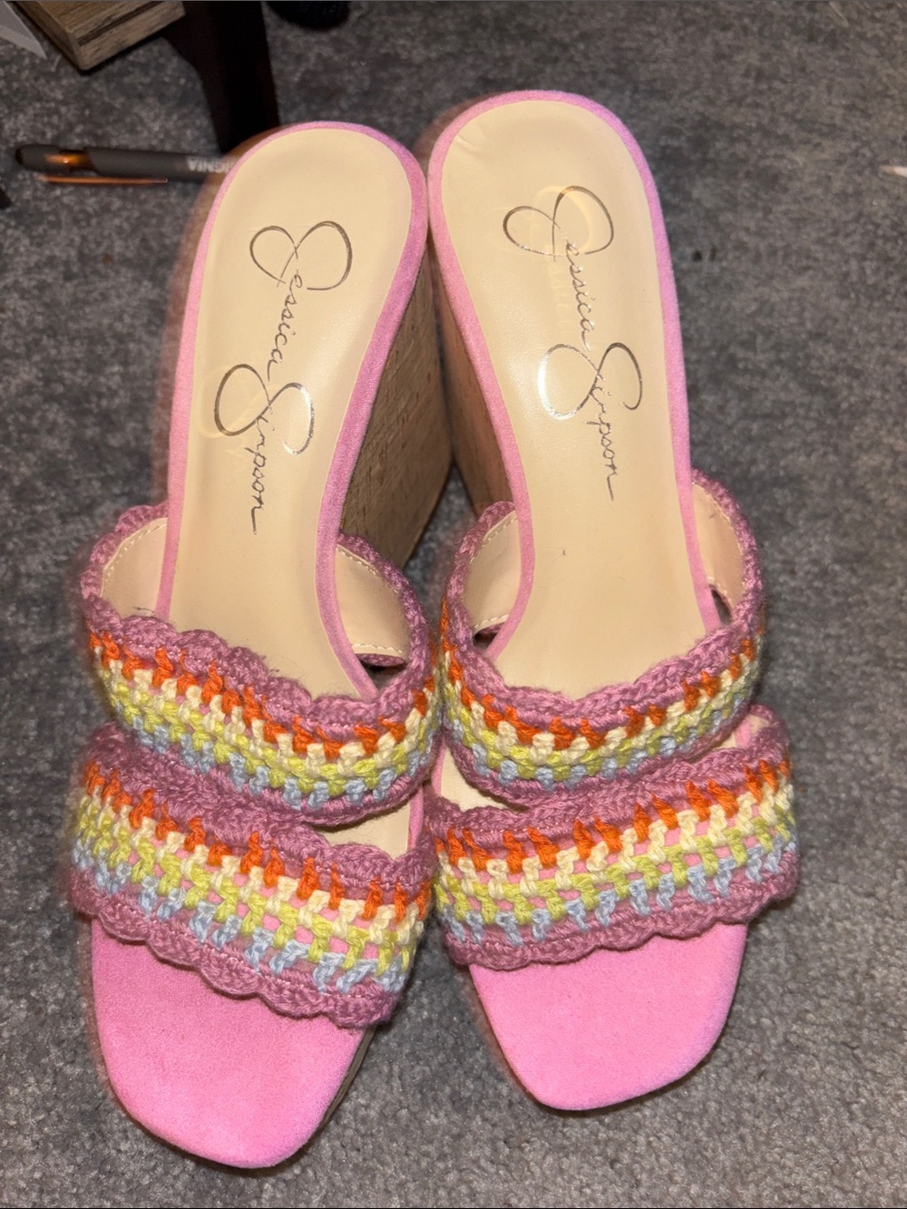 Jessica Simpson Pink Crochet Wedge Slide Sandals with Multicolor Straps